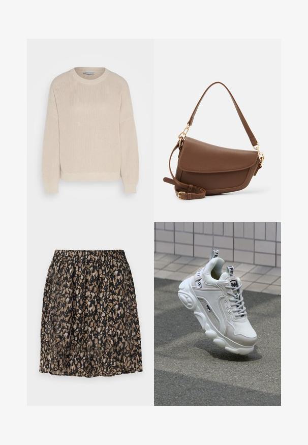 Anna Field Pulover - grey; Črna krila z zamegljenim abstraktnim vzorcem v bež in rjavi barvi. Elastičen pas, lahka tkanina in dolžina do kolen.; Bela superga z mrežastim in usnjenim materialom, zaobljenim nosom, debelim podplatom, opaznimi vezalkami ter blagovno znamko na peti in jeziku.; Brah zlatna usnjena torba za rame z teksturirano površino, ukrivljeno obliko, zlatim okovjem, nastavljivim trakom in pokrovom.