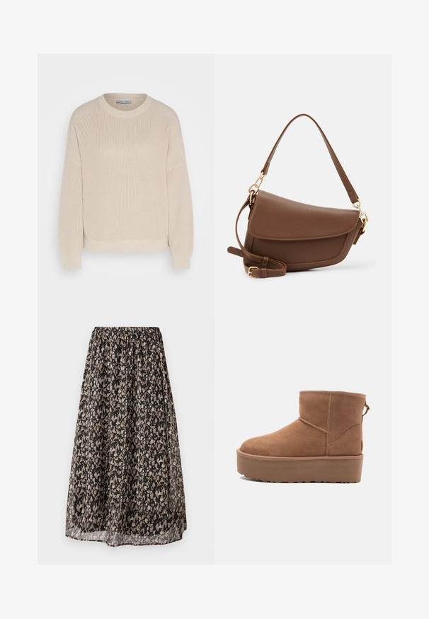 Anna Field Jumper - grey; Black midi skirt made from lightweight fabric, featuring a floral pattern in tan and cream. Elastic waistband for adjustable fit.; Tan suede ankle boot with a platform sole, rounded toe, and stitching accents; features a pull tab at the back for easy wear.; Brown leather shoulder bag with a textured finish, curved shape, gold-tone hardware, adjustable strap, and flap closure.