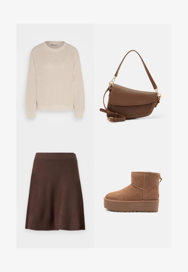 Anna Field Camisola - grey; Saia A-line castanha com cintura elástica, textura de malha suave e ligeira evasé na bainha, contra um fundo liso claro.; Bota ankle em suede bege com sola plataforma, ponta arredondada e acabamentos de costura; conta com uma alça na parte de trás para facilitar o calçar.; Saco de ombro em couro castanho com um acabamento texturizado, forma curva, metal dourado, alça ajustável e fecho com aba.