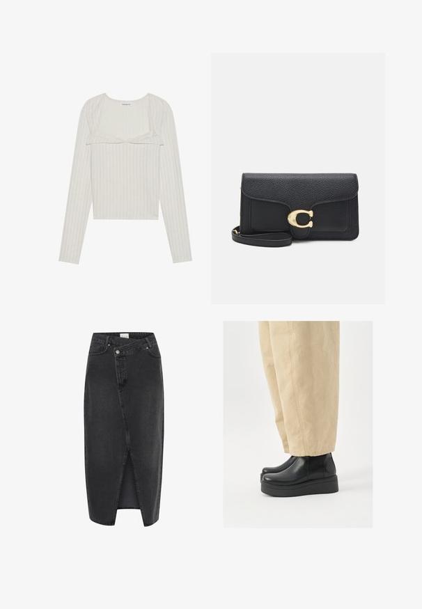 Anna Field Strickpullover - grey; Helles beiges Langarmshirt mit geripptem Muster. Besitzt eine Spitzenkante und ein kurzes Design, mit runder Halslinie und enganliegenden Ärmeln.; Schwarzer Denim-Midirock mit einem Schlitz vorne, strukturiertem Schnitt und klassischem Fünf-Taschen-Design. Verfügt über einen Knopf- und Reißverschluss.; Schwarze Lederstiefeletten mit abgerundetem Zehenbereich und Plateausohle. Kombiniert mit beigefarbenen weiten Hosen, die sichtbare Nahtdetails aufweisen.; Schwarze Lederbörse mit strukturiertem Finish, ausgestattet mit einem goldfarbenen Verschluss und einem abnehmbaren Tragegurt. Kompakte, rechteckige Form mit genähten Akzenten.