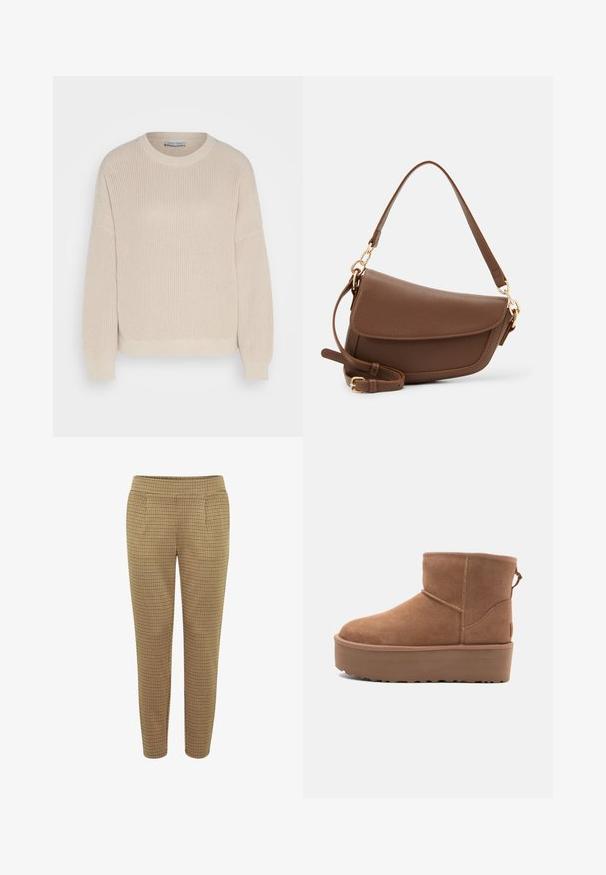 Anna Field Trui - grey; Bruine geruite broek met een aansluitende vorm, elastische tailleband en twee zijzakken. De stof heeft een zachte textuur met een geruit patroon.; Tan suède enkellaars met een platformzool, ronde neus en stiksels; heeft een trekband aan de achterkant voor gemakkelijke instap.; Bruine leren schoudertas met een gestructureerde afwerking, gebogen vorm, hardware in goudkleur, verstelbare schouderband en klepafsluiting.