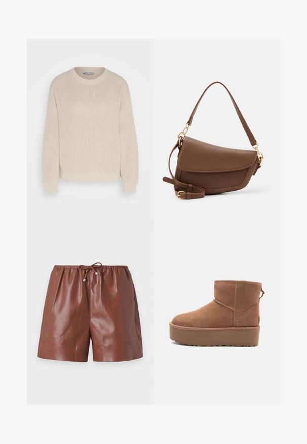 Anna Field Jumper - grey; Brown leather shorts with a glossy finish, featuring an elastic waistband and adjustable tie with metallic accents. Smooth texture and tailored design.; Tan suede ankle boot with a platform sole, rounded toe, and stitching accents; features a pull tab at the back for easy wear.; Brown leather shoulder bag with a textured finish, curved shape, gold-tone hardware, adjustable strap, and flap closure.