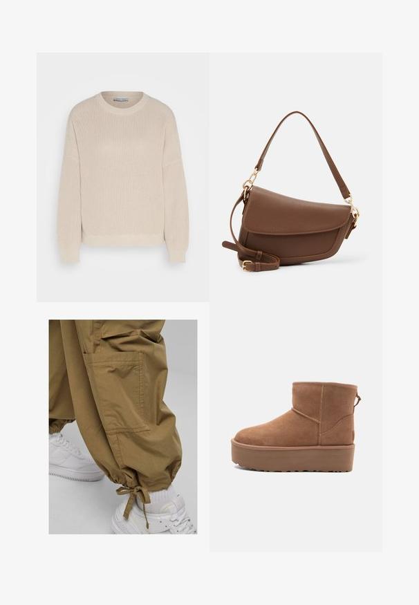 Anna Field Pulóver - grey; Khaki katonai nadrág elasztikus mandzsettával, oldalzsebekkel és puha tapintással, fehér sportcipőkkel párosítva. Kényelmes dizájn, amely alkalmas a mindennapi viseletre.; Barna suede bokacsizma platform talppal, lekerekített orral és varrás részletekkel; a hátsó részen húzófül található a könnyű felhúzás érdekében.; Barna bőr válltáska texturált felülettel, ívelt formával, aranyszínű fémrészekkel, állítható pánttal és fedélzárral.