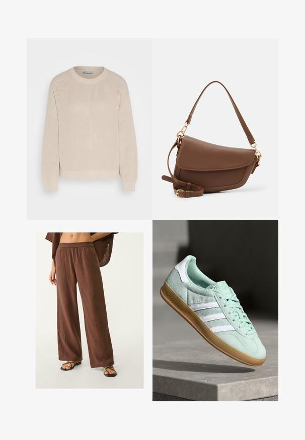 Anna Field Pullover - grey; Pantalons larges marron en tissu texturé, avec une taille élastique. Associés à des sandales plates à lanières.; Baskets Adidas Gazelle en daim vert menthe avec accents blancs, fermeture à lacets et semelle en caoutchouc gomme. Présente trois rayures blanches.; Sac à épaule en cuir marron avec une finition texturée, forme courbée, quincaillerie dorée, bandoulière réglable et fermeture à rabat.