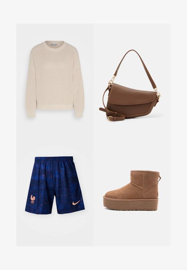 Anna Field Neule - grey; Nike urheilusortsit tummansinisenä, punavalkoisen ja sinivalkoisen pilkullisen kuvion kanssa, jossa on vaaleanpunainen kukko-logo ja vaaleanpunainen Nike-swoosh sivulla.; Tan suede nilonini kidogo chukua na sahani ya jukwaa, mguu wenye umbo la duara, na mapambo ya kushona; inajumuisha kipande cha kubana nyuma kwa kuvaa kwa urahisi.; Ruskea nahkainen olkalaukku, jossa on teksturoitu pinta, kaareva muoto, kultasävyinen metalliosat, säädettävä hihna ja läppäkiinnitys.
