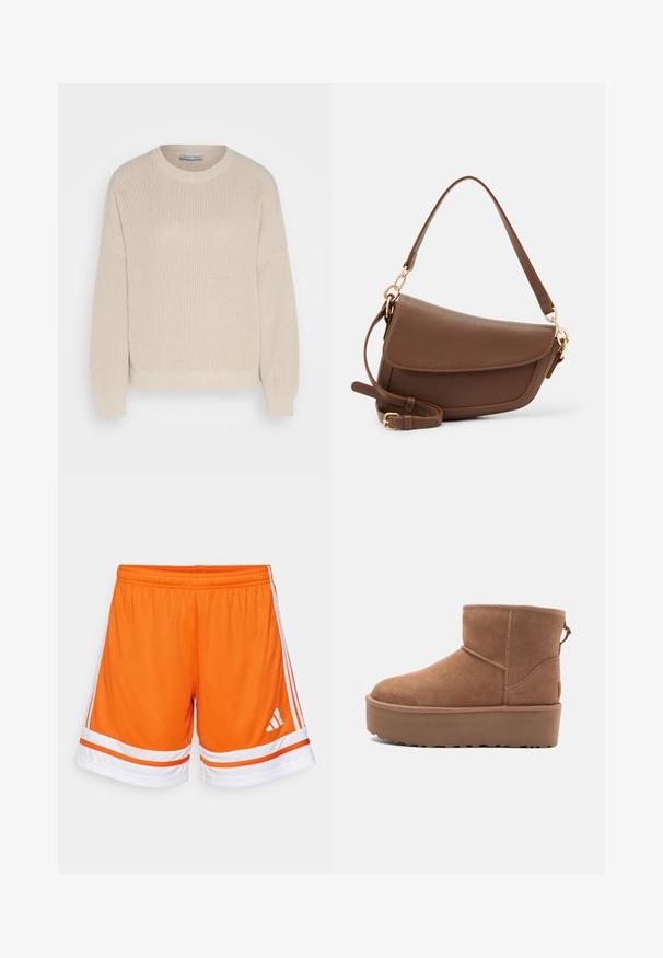 Anna Field Trui - grey; Oranje sportshorts van een gemêleerde stof, met witte accenten en drie witte strepen langs de zijkanten. Elastische tailleband voor comfort.; Tan suède enkellaars met een platformzool, ronde neus en stiksels; heeft een trekband aan de achterkant voor gemakkelijke instap.; Bruine leren schoudertas met een gestructureerde afwerking, gebogen vorm, hardware in goudkleur, verstelbare schouderband en klepafsluiting.