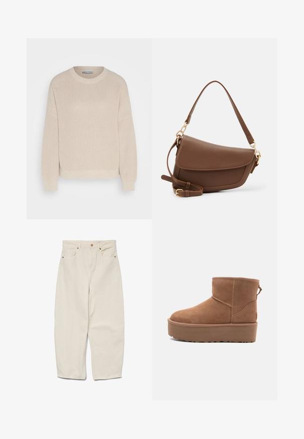 Anna Field Svetr - grey; Beige bavlněné kalhoty s širokými nohavicemi a vysokým pasem, se dvěma předními kapsami a jedním knoflíkovým zapínáním. Hladká textura; délka po kotníky.; Hnědé semišové kotníkové boty s platformou, zaoblenou špičkou a prošíváním; mají poutko vzadu pro snadné obouvání.; Hnědá kožená taška přes rameno s texturovaným povrchem, zakřiveným tvarem, zlatými kovovými prvky, nastavitelným popruhem a klopovým zapínáním.