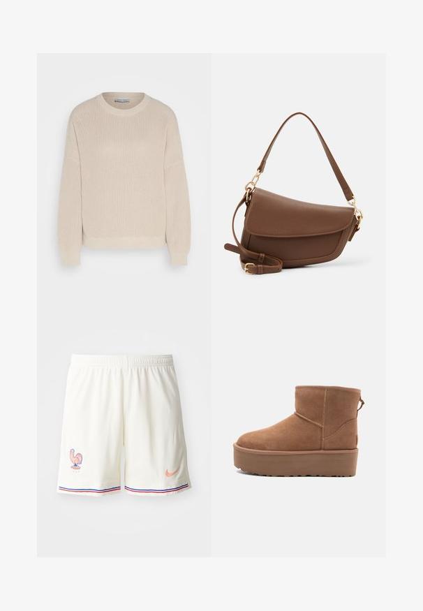 Anna Field Vesta - grey; Bijele atletske kratke hlače s teksturiranim materijalom, emblemom pijetla i kontrastnim plavim i crvenim prugama na rubu. Nike logo u nijansi breskve.; Svijetlosmeđi antilop čizmice do članka s platformom, okruglim vrhom i ukrasnim šavovima; ima petnu traku za lakše obuvanje.; Smeđa kožna torba za rame s teksturiranim završetkom, zakrivljenim oblikom, zlatnim hardverom, podesivim remenom i zatvaranjem na preklop.