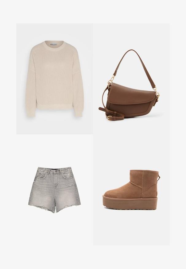Anna Field - Sweter; Szare dżinsowe szorty z wysokim stanem, postrzępionym dołem, lekkimi przetarciami oraz klasycznym pięciopocketowym krojem.; Beżowe zamszowe botki za kostkę z platformą, zaokrąglonym noskiem i akcentami w postaci przeszyć; posiadają pętelkę z tyłu dla ułatwienia zakładania.; Brązowa skórzana torba na ramię o teksturowanym wykończeniu, zaokrąglonym kształcie, złotych akcentach, regulowanym pasku i zapięciu na klapę.