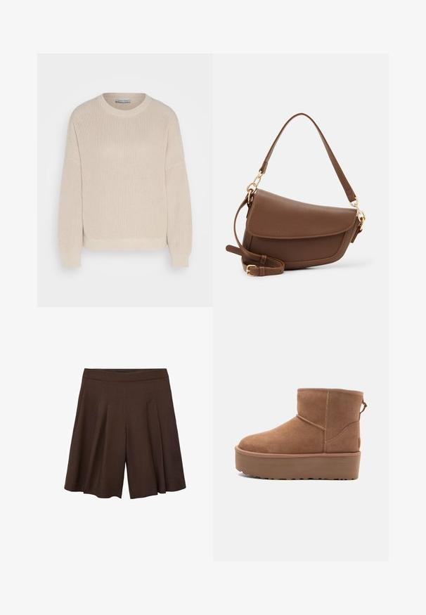 Anna Field - Sweter; Brązowe szorty plisowane z wysokim stanem. Materiał wydaje się gładki i lekki, z głębokimi, czystymi fałdami, które nadają swobodny kształt.; Beżowe zamszowe botki za kostkę z platformą, zaokrąglonym noskiem i akcentami w postaci przeszyć; posiadają pętelkę z tyłu dla ułatwienia zakładania.; Brązowa skórzana torba na ramię o teksturowanym wykończeniu, zaokrąglonym kształcie, złotych akcentach, regulowanym pasku i zapięciu na klapę.