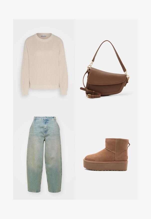 Anna Field Strikkegenser - grey; Lys blå denimbukser med høy midje, vide ben, subtil falming og klassisk knappeåpning. Har fem lommer og sømdetaljer.; Lys brun semsket ankelstøvel med platåsåle, rund tå og sømdetaljer; har en pull-tab bak for enkel påkledning.; Brun skinnskulderveske med teksturfinish, buet form, gulltone-detaljer, justerbar stropp og klaffelukking.
