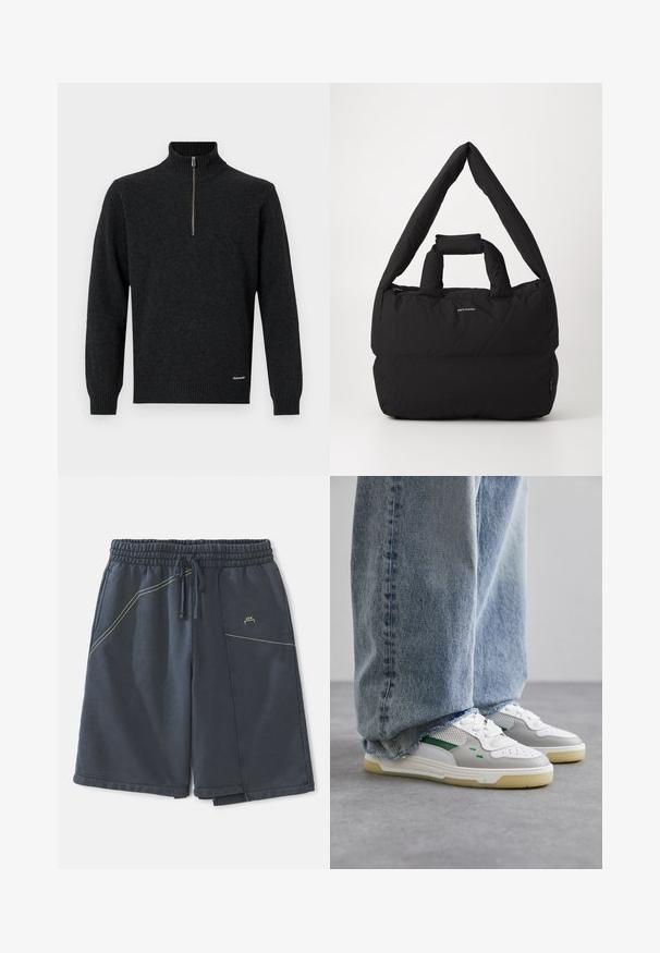 Tmavě šedý pulovrový svetr s vysokým žebrovaným límcem a polo zipem. Má dlouhé rukávy a žebrované lemy a manžety. Měkká pletená textura.; Tmavě šedé šortky vyrobené z bavlněné směsi, s elastickým pasem, šňůrkou, bočními kapsami a žlutými akcenty na stehu.; Bílé a šedé tenisky s modrými akcenty, s vrchní částí z síťoviny a gumovou podrážkou, které jsou kombinovány s modrými džíny s třepenými okraji.; Černá polstrovaná taška s širokým, měkkým ramenním popruhem a horním držadlem. Má zipové uzavření a decentní logo na přední straně.