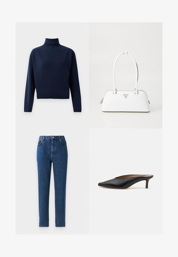 Navy blue, long-sleeve turtleneck sweater with ribbed cuffs, hem, and neck, displayed on a plain white background.; High-waisted blue denim jeans with straight legs, five pockets, metal button closure, and stitched details along the seams.; Black leather mules with a pointed toe and low, block heel. Smooth texture with a sleek design. Open back with minimal detailing.; White leather handbag with a curved shape, featuring a silver triangular logo and zipper closure. Smooth texture and dual handles.