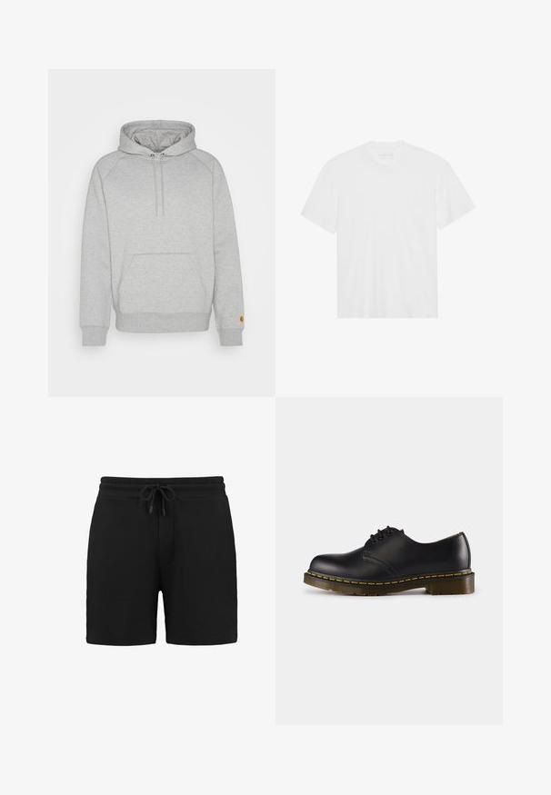 Siva kapuca s puloverjem z kengurujskim žepom, rebrastimi manšetami in robom, ki ima logotip na levem rokavu. Mehka tekstura blaga.; Bela bombažna majica s kratkimi rokavi, krožnim izrezom in ravnim robom. Gladka tekstura, minimalistična zasnova brez vzorcev ali okrasov.; Črne bombažne kratke hlače z elastičnim pasom in vrvico. Imajo sprednji žep in gladko, mehko teksturo. Klasičen športni dizajn.; Črn usnjen čevelj z zaobljenim nosom, zavezovanje z vezalkami, rumena šivanka ob podplatu in masiven, teksturiran gumijast podplat.