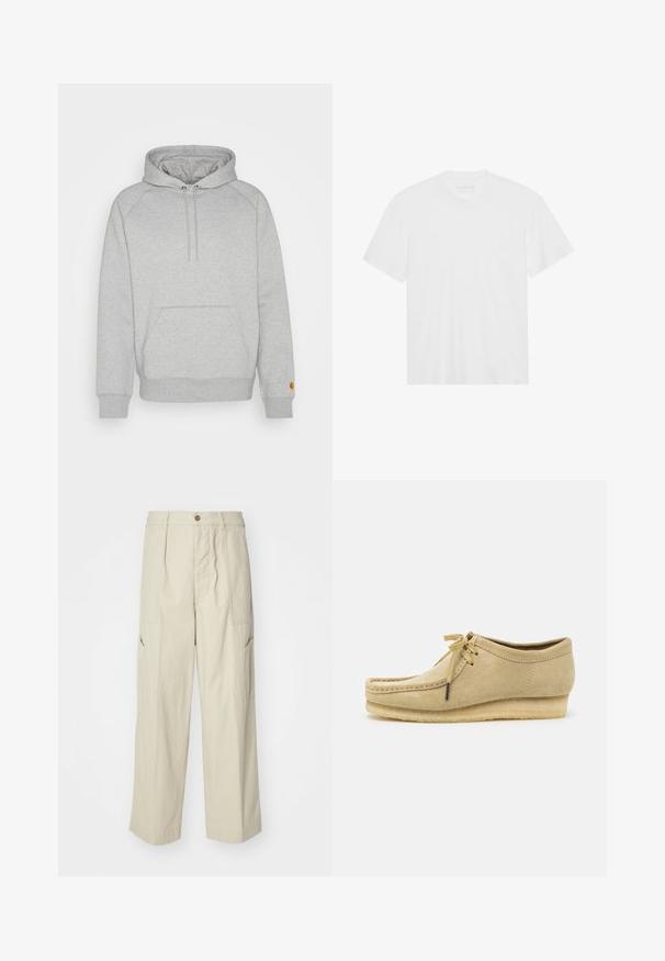 Gray hooded sweatshirt with a kangaroo pocket, ribbed cuffs, and hem, featuring a logo patch on the left sleeve. Soft fabric texture.; White cotton t-shirt with short sleeves, crew neckline, and straight hem. Smooth texture, minimalistic design without patterns or accents.; Beige cargo pants with a loose fit, two front pockets, and a slightly textured fabric. Features a button closure and wide-leg design.; Beige suede shoe with a lace-up design, stitched detailing, and a rubber sole. The shape is casual with a slight wedge heel.