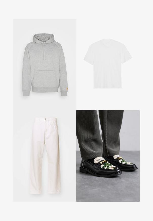 Grijze hoodie met een buidelzak, ribgebreide manchetten en onderkant, voorzien van een logopatch op de linker mouw. Zachte stofstructuur.; Witte katoenen t-shirt met korte mouwen, ronde hals en rechte zoom. Gladde textuur, minimalistisch ontwerp zonder patrons of accenten.; Witte katoenen broek met wijde pijpen en een knoopsluiting, voorzien van riemlussen en twee voorkeussen. Soepele textuur, klassiek ontwerp en rechte pasvorm.; Zwarte lederen instappers met een decoratieve groene en witte textielen bovenkant. Voorzien van een gouden kettingaccent en een gestructureerde zwarte zool.
