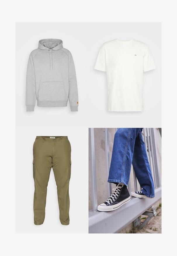 Grå hettegenser med kengurulomme, ribbestrikkede mansjetter og kant, med en logo-patch på venstre erm. Myk stoffstruktur.; Hvit bomulls T-skjorte med rund hals, korte ermer, og en liten svart "W.W." logo på venstre bryst. Jevn tekstur, normal passform.; Olivengrønne cargo-bukser lavet af en bomuldsblanding, med sidelommer, bæltestropper og lige ben-design. Glat tekstur.; Svarte høy-hælte joggesko med hvit såle og snøring, paired med løse blå denim-jeans, hvilende på et grått rekkverk.