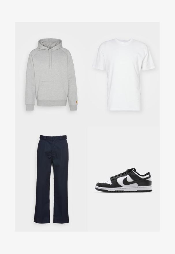 Pilkas su kapuce džemperis su kengūros kišene, raštuotais rankogaliais ir apačia, ant kairiojo rankovės su logotipo panele. Minkšta audinio tekstūra.; Balta medvilninė marškinėliai trumpomis rankovėmis, apvaliu iškirpimu ir lygiu paviršiumi. Paprastas dizainas be raštų ar grafikos.; Tamsiai mėlynos kelnės su tiesiais kojomis, pagamintos iš lygaus audinio, turinčios standartinę liemens juostą ir be matomų raštų ar detalių.; Juoda ir balta Nike Dunk sportbačiai, turintys odinį viršutinį sluoksnį, perforuotą nykštyje, juodas raišteles ir juodą guminį pado su reljefu.