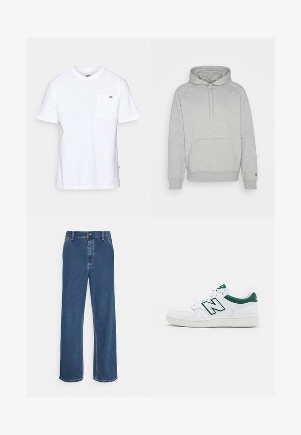 Pilkas su kapuce džemperis su kengūros kišene, raštuotais rankogaliais ir apačia, ant kairiojo rankovės su logotipo panele. Minkšta audinio tekstūra.; Balta medvilnės marškinėliai su apvalia iškirpte, trumpomis rankovėmis ir krūtinės kišeniu, kuriame kairėje pusėje yra nedidelis prekės ženklo logotipas.; Mėlyni džinsai su tiesiu kirpimu, penkių kišenių dizainu, metaliniu sagatavu uždarymu ir matomomis siūlėmis palei siūles ir kraštus.; Balti sportiniai bateliai su žaliais akcentais, odinis viršus, perforuota kojų dalis, raištelių uždarymas ir tekstūruotas gumos padas. Savybėje yra ryškus "N" logotipas.