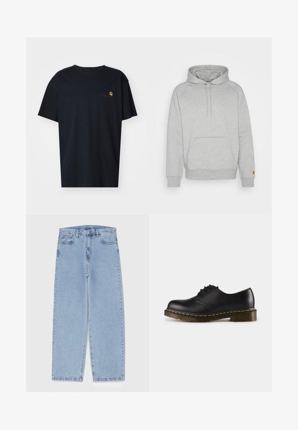 Harmaa huppari, jossa on kengurupocket, ribbaavat hihansuut ja helma, sekä logopatch vasemmassa hihassa. Pehmeä kankaan rakenne.; Carhartt WIP AMERICAN SCRIPT - T-paita - air force blue; Vaaleansiniset farkut suoran lahkeen muotoilulla, joissa on puolivälin vyötärö, viisi taskua sekä nappi- ja vetoketjusuljenta.; Musta nahkakenkä, jossa on pyöreä kärki, nauhakiinnitys, keltainen päällinen pohjan ympärillä ja tukeva, teksturoitu kumipohja.