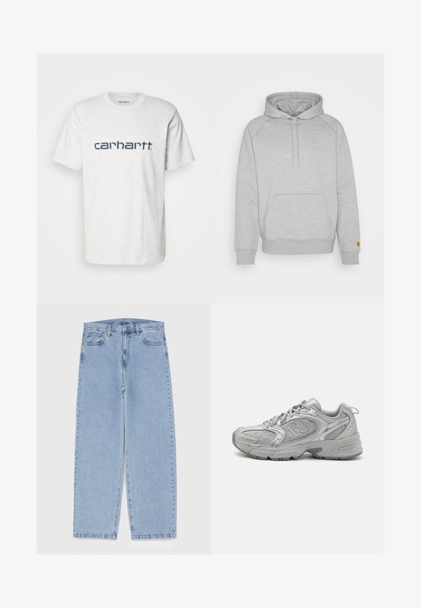 Hallgray kapuutsiga spordijakk, millel on känguru tasku, soonikkoesäärised ja -äär, vasakul varrukal logotempel. Pehme kangast tekstuur.; Carhartt WIP SCRIPT - Trükipildiga T-särk - ash heather/duck blue; Heled sinise denimi sirgete põlvede lõikega teksad, millel on keskmise kõrgusega vöökoht, viis taskut ning nööbid ja tõmblukk.; Hõbedane sportlik jalanõud, millel on stiilne disain, võrkpaneelid, pehmendatud keel, tekstureeritud sünteetiline pealmine osa ja kummist välistald haardumise tagamiseks.