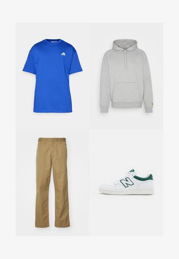 Grå huvtröja med känguruficka, ribbade muddar och nederkant, med en logotyp patch på vänster ärm. Mjuk tygtextur.; Blå bomulls-t-shirt med rund hals, korta ärmar och en vit Adidas-logotyp på vänster bröst. Slät textur, avslappnad design.; Khaki chinos med rak bendesign, tillverkade av mjukt bomullstyg. Har en framknäppning och sidofickor.; Vit sneaker med gröna accenter, läderöverdel, perforerat tåparti, snörning och texturerad gummisula. Har en framträdande "N"-logotyp.