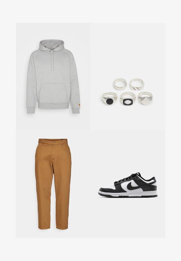 Grijze hoodie met een buidelzak, ribgebreide manchetten en onderkant, voorzien van een logopatch op de linker mouw. Zachte stofstructuur.; Bruine, rechte broek met een gladde textuur, knoopsluiting en riemlussen. Heeft een klassiek ontwerp en geen zichtbare patronen.; Zwart-witte Nike Dunk sneakers met een leren bovenwerk, geperforeerde neus, zwarte veters en een zwarte rubberen zool met profiel.; Vijf zilveren ringen: één met een zwart ronde detail, één met een wit en zwart geometrisch patroon, en de andere met verschillende vormen en afwerkingen.