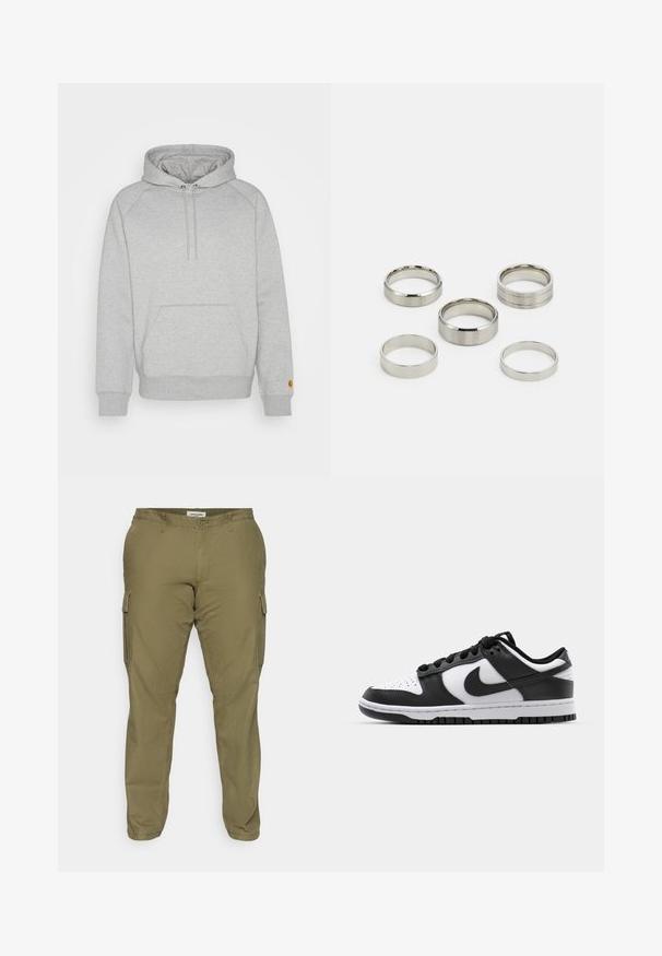 Szürke kapucnis pulóver kenguruzsebbel, bordázott mandzsettákkal és hem-nel, bal ujján logó folttal. Puha szövet tapintás.; Olíva zöld, pamut keverék anyagból készült cargo nadrág, oldalsó zsebekkel, övhurkokkal és egyenes szabású dizájnnal. Simább textúra.; Fekete-fehér Nike Dunk sportcipők, bőr felső résszel, perforált orrral, fekete fűzőkkel és fekete gumitalppal, amelyen barázdás minta található.; Öt darabból álló fém gyűrűk különböző szélességekkel, sima, fényes és köszörült felületekkel; a színek csillogó ezüsttől a mattig terjednek.
