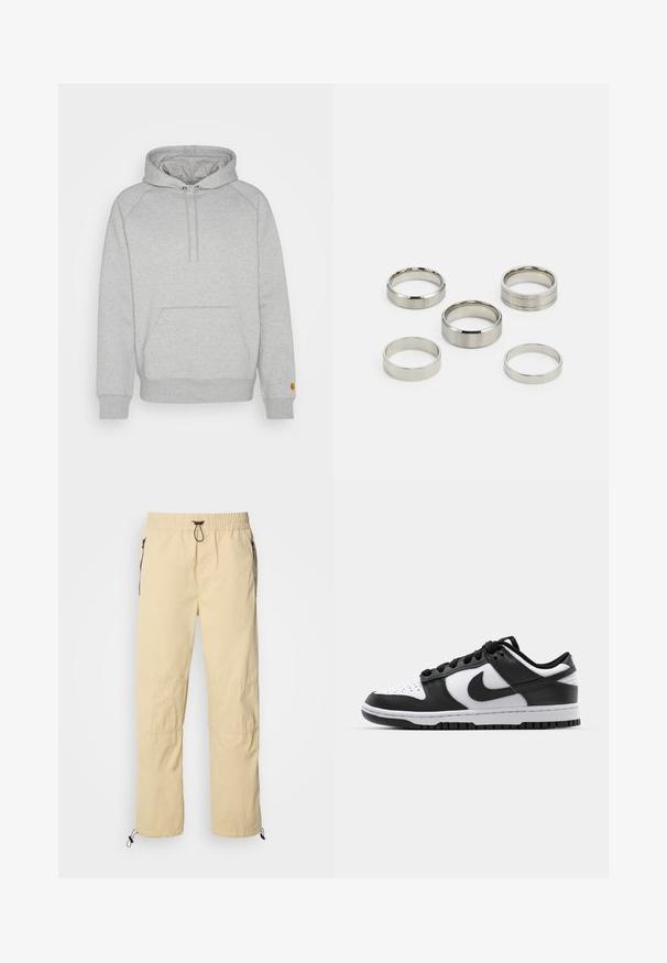 Gray hooded sweatshirt with a kangaroo pocket, ribbed cuffs, and hem, featuring a logo patch on the left sleeve. Soft fabric texture.; Light yellow lightweight pants with an elastic waist, drawstring, and black zippered pockets, featuring a tapered leg and adjustable hems.; Black and white Nike Dunk sneakers featuring a leather upper, perforated toe, black laces, and a black rubber sole with tread design.; Set of five metallic rings in various widths, featuring smooth, polished and brushed finishes; colors range from shiny silver to matte.