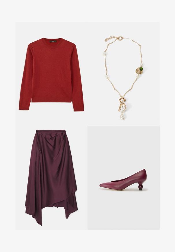 Pulover roșu cu mâneci lungi și guler rotund. Fabricat dintr-un material moale, are manșete și tiv cu nervuri, textură netedă și detalii minime.; Fustă satin burgundă, cu un tiv asimetric, prezentând drapaj moale și o textură netedă. Fără închideri vizibile sau modele.; Pumper din piele burgund cu vârf ascuțit și un toc rotund unic. Textură netedă cu un design minimalist și fără modele vizibile.; Colier din metal auriu, cu verigi răsucite, perle albe și un accent din piatră verde. Prezintă detalii intricate și un sistem de închidere.