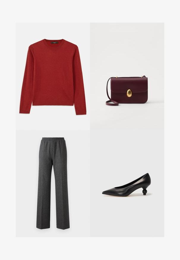 Rød langærmet sweater med rund halsudskæring. Fremstillet af et blødt stof, har ribbede manchetter og kant, glat tekstur og minimal detaljer.; Grå tekstureret bukser med brede ben og elastisk talje, der har et subtile hørhårede mønster. Blødt stof med en afslappet pasform.; Sort læder høje hæle med spids tå og rund, kugleformet hæl. Glat tekstur med et stilrent, minimalistisk design.; Burgunderfarvet læder crossbody taske med en glat tekstur, oval guldspænde og en justerbar rem, der har en enkel rektangulær form.