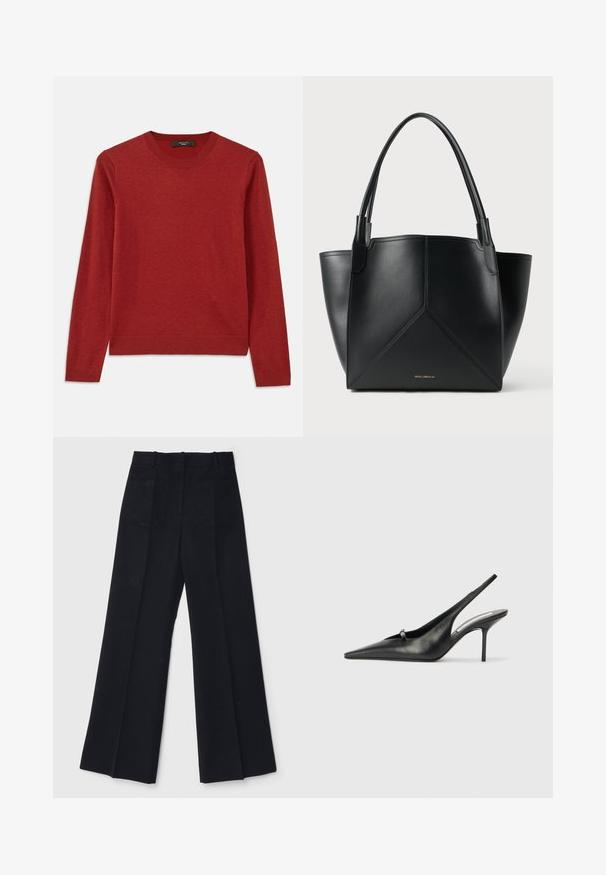 Rdeča dolga majica s dolgimi rokavi in okroglim izrezom. Narejena iz mehke tkanine, ima rebraste manšete in rob, gladko teksturo ter minimalne detajle.; Črne široke hlače iz gladkega materiala, s visokim pasom, dvema zadnjima žepoma in subtilnimi sprednjimi gubami za dodatno obliko.; Črne usnjene slingback pete s koničastim nosom, tankim peto in majhno okrasno zanko. Gladka tekstura in minimalistična oblika.; Črna usnjena torba za prenašanje z geometrijskim vzorcem, ki ima dve ročki in zlat tisk na sprednji strani. Gladka tekstura in strukturirana oblika.