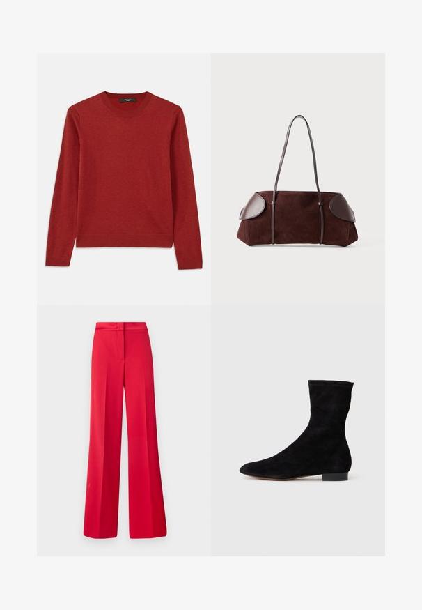 Roter Pullover mit langen Ärmeln und Rundhalsausschnitt. Hergestellt aus einem weichen Material, mit gerippten Bündchen und Saum, glatter Textur und minimaler Detailgestaltung.; Rote Weitbein-Hosen mit glatter Textur, flachem Taillenbund und strukturiertem Design, mit Falten an der Vorderseite und einer taillierten Passform.; Schwarze Wildleder-Ankelboots mit einem enganliegenden Schaft, spitzer Zehenform und niedrigem Blockabsatz. Glatte Textur und minimalistisches Design, geeignet für vielseitige Styles.; Braune Wildledertasche mit Lederakzenten, strukturiertem Design, doppelten Schulterriemen und abgerundeten Kanten, ausgestattet mit einer glatten Textur und minimalem Hardware.