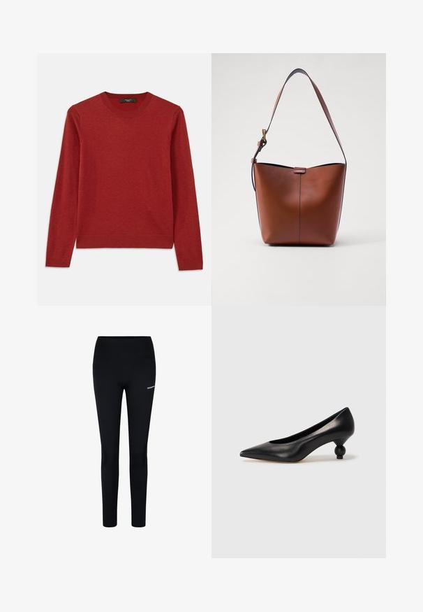 Sarkans garais piedurkņu džemperis ar apaļu kakla izgriezumu. Izgatavots no mīksta auduma, ar ribinātiem kakla izgriezuma un piedurkņu galiem, gludu tekstūru un minimālu noformējumu.; Melnas leggingas, izgatavotas no stieptauduma, ar augstu jostas vietu un mazu logo uz kreisā augšstilba, radītas komfortam un mobilitātei.; Melnas ādas augstpapēžu kurpes ar smailu purngalu un apaļu papēdi. Gluda tekstūra ar elegantu, minimālistisku dizainu.; Brūna ādas plecu soma ar izliekta formu, gludu tekstūru un vienu plānu siksnu. Iekļauj subtilu šuvumu un mazu logotipa detaļu.