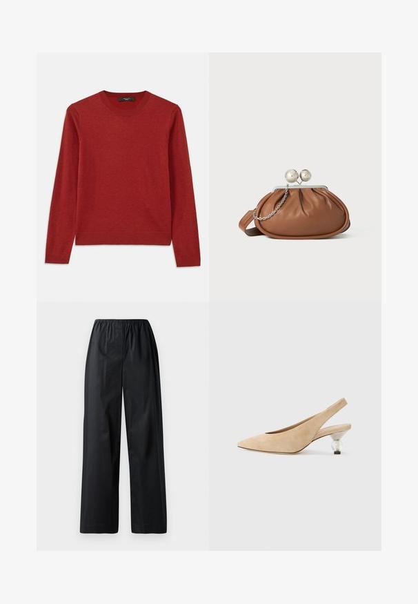 Rdeča dolga majica s dolgimi rokavi in okroglim izrezom. Narejena iz mehke tkanine, ima rebraste manšete in rob, gladko teksturo ter minimalne detajle.; Črne široke hlače s elastiko v pasu, ki imajo gladko teksturo in brez vidnih žepov ali okrasnih elementov.; Bežna suknja s peto s prozornim, okruglim petom. Gladak tekstura in minimalističen dizajn.; Rjava usnjena torbica z srebrnim krogličnim zapiranjem in majhno srebrno verigo na beli podlagi.