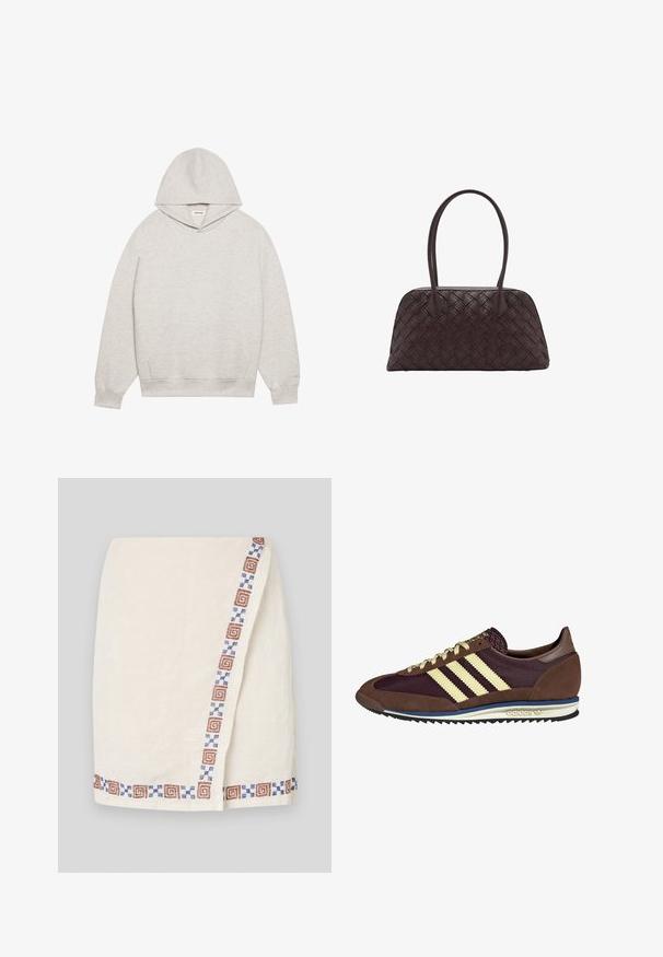 Svijetlosiva dukserica napravljena od mekanog materijala, s prednjim kangaroo džepom, prilagodljivom kapuljačom i rebrastim manžetama i donjim rubom.; Suknja obavijena krem boje izrađena od teksturirane tkanine, s uzorkastim rubom u smešnim i plavim geometrijskim oblicima duž jedne strane.; Smeđi i burgundski teniski s uzorcima od antilopa i mrežastih materijala, s tri kremaste pruge, teksturiranim materijalom na jeziku i gumeni potplat.; Tkanna smeđa kožna torba za ruke zaobljenog oblika, s dvojim gornjim ručkama i glatkom teksturom; sadrži diskretne šavove kao detalj dizajna.