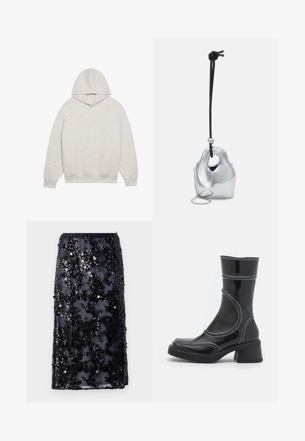 Svetlo siva kapuca narejena iz mehkega blaga, ki ima sprednji kenguru žep, nastavljivo kapuco ter rebraste manšete in obroč.; Mornarska svilenka z nežno tkanino, okrašena z črnimi in srebrnimi bleščicami v cvetličnem vzorcu, z ravnim krojem in robom.; Črne lakirane gležnjarje z belim šivom, okroglo konico in blok peto. Imajo ukrivljene oblikovne črte in gladko teksturo.; Srebrna metalna torbica z edinstveno, gladko, organsko obliko. Ima črn vrvni trak in majhno verižico za več možnostmi nošenja.