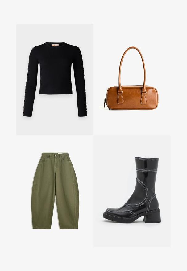 Ljusgrå hoodie i mjukt tyg, med en framficka av typ kangaroo, justerbar huva och ribbade ärmslut och nederkant.; Misslyckades med att generera alt-text; Olivgröna vida byxor i bomull med hög midja, framfickor och en slät yta. Inga dekorationer eller mönster.; Svart lackläder ankelboot med vit sömnad, rund tå och blockklack. Har böjda designlinjer och en slät textur.; Brun läderhandväska med två långa handtag, rektangulär form, slät yta, dragkedjestängning och detaljer i silverfärgad metall.; Guld- och silverfärgade hoops örhängen med flätade mönster, prydda med klara ädelstenar längs de yttre kanterna, vilket visar på intrikata detaljer.