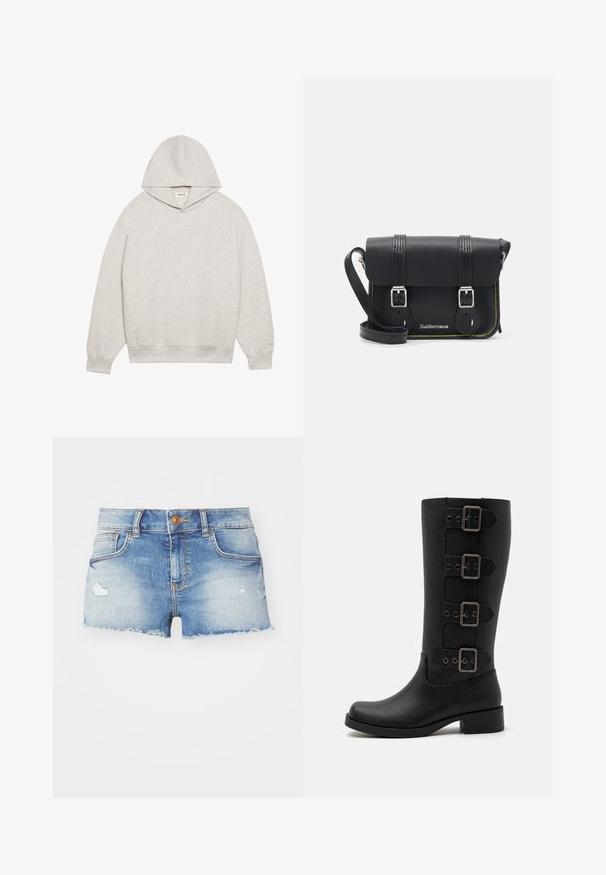 Světle šedá mikina s kapucí vyrobená z měkké tkaniny, se skrytou přední kapsou, nastavitelnou kapucí a žebrovanými manžetami a lemem.; Džínové šortky v světlé modré barvě s opotřebovaným vzhledem, třepeným lemem, designem s pěti kapsami a jedním knoflíkovým zapínáním vpředu.; Černé vysoké boty vyrobené z hladkého syntetického materiálu. Obsahují čtyři dekorativní pásky s obdélníkovými kovovými sponami. Design na blokovém podpatku.; Černá kožená kabelka přes rameno s klopou, dvěma stříbrnými sponami, žlutým prošíváním a nastavitelným popruhem. Vyznačuje se hladkou texturou a kompaktním designem.