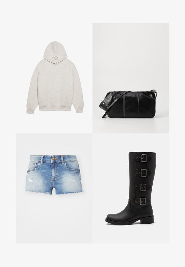 Gaiši pelēks kapuce, izgatavota no mīksta auduma, ar priekšējo kāmja kabatu, regulējamu kapuci un ribotas aproces un apakšmalu.; Gaiši zili džinsu šorti ar nolietotu apdari, saplēstu apakšmalu, piecu kabatu dizainu un vienu pogu aizdari priekšpusē.; Melnas augstas zābaki, izgatavoti no gludas sintētiskas materiāla. Satur četras dekoratīvas siksnas ar taisnstūra metāla sprādzēm. Bloka papēža dizains.; Melnas ādas plecu soma ar rāvējslēdzēja aizdari, ar teksturētu virsmu, baltu dūrienu un siksnu ar sudraba iekavām.