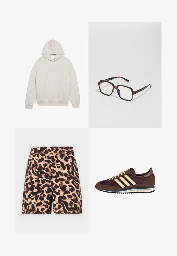 Gaiši pelēks kapuce, izgatavota no mīksta auduma, ar priekšējo kāmja kabatu, regulējamu kapuci un ribotas aproces un apakšmalu.; Lauka zīmogojuma šorti brūnā un melnā krāsā ar gludu tekstūru un elastīgu jostu. Garums līdz viduvējam celiņam, ar nepārtrauktu dizaina rakstu.; Brūni un bordo sporta apavi ar zamšādām un sieta materiāliem, ar trim krēmkrāsas svītrām, teksturētu audumu uz mēles un gumijas zoli.; Čūskābeles saulesbrilles ar kvadrātveida rāmjiem, caurspīdīgām lēcām un plāniem kātiem, kuros ir smalka logo detaļa. Matēta un spīdīga apdare.