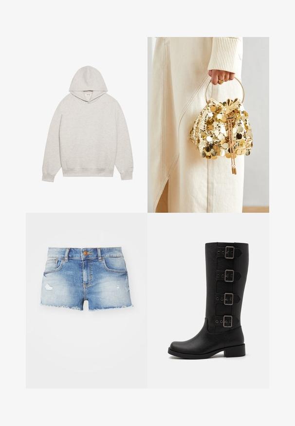 Sudadera gris claro hecha de tejido suave, con un bolsillo frontal tipo canguro, capucha ajustable y puños y dobladillo acanalados.; Shorts de mezclilla en azul claro con un acabado desgastado, dobladillo deshilachado, diseño de cinco bolsillos y cierre de un solo botón en la parte delantera.; Botas negras altas hechas de material sintético suave. Cuentan con cuatro correas decorativas con hebillas metálicas rectangulares. Diseño de tacón cuadrado.; Bolso de drawstring de lentejuelas doradas con un asa circular, que presenta brillantes lentejuelas redondas y una tela texturizada. No se proporcionan dimensiones.