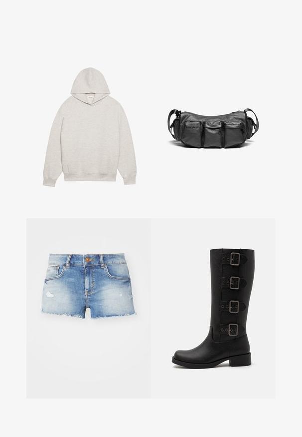 Svetlo siva kapuca narejena iz mehkega blaga, ki ima sprednji kenguru žep, nastavljivo kapuco ter rebraste manšete in obroč.; Denimske kratke hlače v svetlo modri barvi z obrabljenim videzom, raztrganim robom, načrtom s petimi žepi in enim gumbom za zapiranje spredaj.; Črne visoke škornje iz gladkega sintetičnega materiala. Imajo štiri okrasne vezi z pravokotnimi kovinskimi sponkami. Oblika na blokastu peto.; Črna usnjena torba čez ramo z teksturirano površino. Ima tri zunanje žepe in nastavljiv trak. Kompaktna, zaobljena oblika.