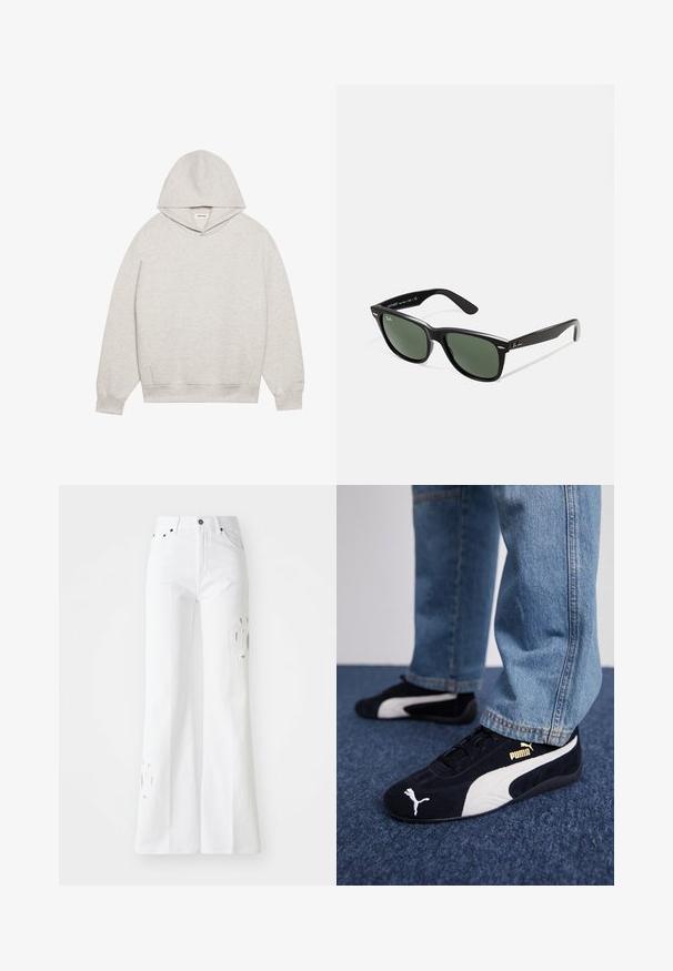 Light gray hoodie made of soft fabric, featuring a front kangaroo pocket, adjustable hood, and ribbed cuffs and hem.; White flared jeans made of denim, featuring a high waist, subtle cutout designs, and five-pocket styling. Metal button and zipper closure.; Black suede sneakers with white accents, featuring a gold logo. Worn with light blue denim jeans and set on a textured blue surface.; Black plastic sunglasses with green lenses, square frames, silver accent on the brow, and textured temple arms. Stated brand on inner arm.