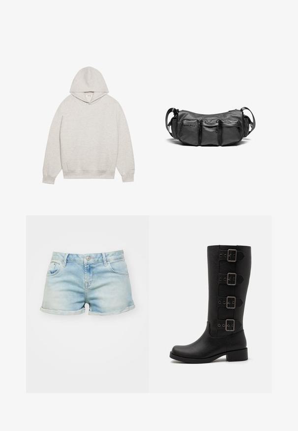 Gaiši pelēks kapuce, izgatavota no mīksta auduma, ar priekšējo kāmja kabatu, regulējamu kapuci un ribotas aproces un apakšmalu.; Gaišzilā džinsu šorti ar nolietotu apdari, ar sarullētām piedurknēm, piecu kabatu dizainu un pogu aizdari jostasvietā.; Melnas augstas zābaki, izgatavoti no gludas sintētiskas materiāla. Satur četras dekoratīvas siksnas ar taisnstūra metāla sprādzēm. Bloka papēža dizains.; Melnas ādas pārsēju soma ar teksturētu apdari. Aprīkota ar trim ārējām kabatām un regulējamu siksnu. Kompakta, noapaļota forma.