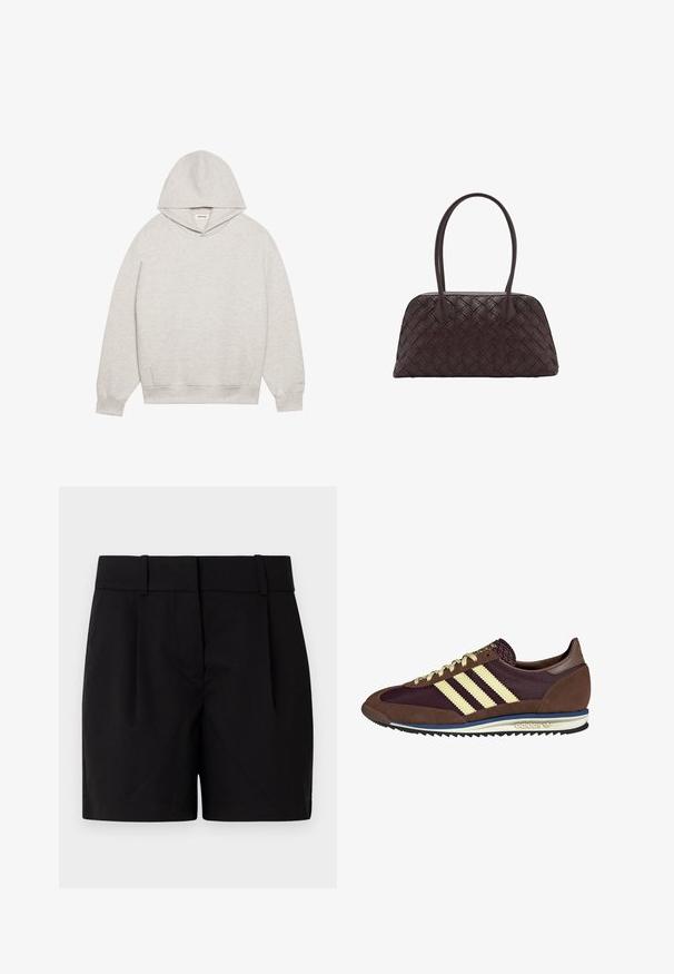 Light gray hoodie made of soft fabric, featuring a front kangaroo pocket, adjustable hood, and ribbed cuffs and hem.; Black tailored shorts featuring a flat front, two pleats, a waistband with belt loops, and a straight hem. Made of a smooth fabric.; Brown and burgundy sneaker with suede and mesh materials, featuring three cream stripes, textured fabric on the tongue, and a rubber sole.; Woven brown leather handbag with rounded shape, dual top handles, and smooth texture; features subtle stitching for design detail.