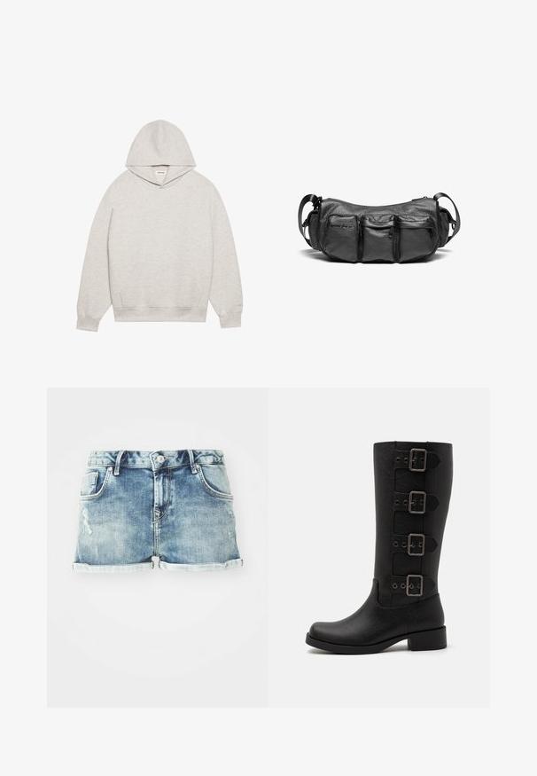 Šviesiai pilkas džemperis, pagamintas iš minkštos medžiagos, su priekinia kišene, reguliuojamu gobtuvu ir stora apykakle bei rankovėmis.; Šviesiai mėlynos denimo šortai su apvyniotais kraštais, penkiomis kišenėmis ir nudėvėtomis detalėmis, skirtos atsitiktiniam įvaizdžiui.; Juodi aukšti batai, pagaminti iš glotnaus sintetinio paviršiaus. Suteikti keturi dekoratyviniai diržai su stačiakampiu metaliniu užsegimu. Dizainas su bloko kulnu.; Juodas odinis krepšys per petį su tekstūriniu paviršiumi. Yra trys išoriniai kišeniai ir reguliuojama dirželis. Kompaktiška, apvali forma.