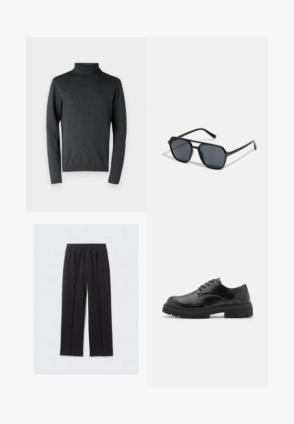 Tamno sivi pulover s rolkragnom izrađen od mekog materijala, s dugim rukavima i rebrastim manžetama i rubom, s glatkom, ujednačenom teksturom.; Crne hlače širokog kroja od teksturiranog materijala s elastičnim pojasom i dva bočna džepa. Ima prednje plisirane detalje za elegantan izgled.; Crne kožne cipele s okruglim vrhom, dizajn s vezicama i debelim, teksturiranim gumenim potplatom. Imaju šavove uz rub i glatku završnu obradu.; Crne sunčane naočale s osmerokutnim okvirom, tamnim lećama, sjajnom završnom obradom, tankim plaštem i zlatnim detaljima na prednjem dijelu.