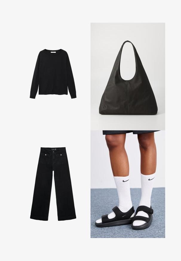 Černý svetr s dlouhými rukávy, kulatým výstřihem a volným střihem. Vyrobeno z hladké, lehké tkaniny se jednoduchým designem.; Černé široké džíny s vysokým pasem, obsahující dvě přední kapsy a kovové knoflíkové detaily. Látka má hladkou texturu.; Černá obuv s otevřenou špičkou, vyrobená z hladkého materiálu, s nastavitelnými popruhy a strukturovanou podrážkou. Na sobě jsou bílé žebrované ponožky.; Černá kožená taška přes rameno s zakřiveným držadlem, prodlouženým trojúhelníkovým tvarem a hladkým povrchem. Disponuje minimalistickým designem bez viditelného kování.