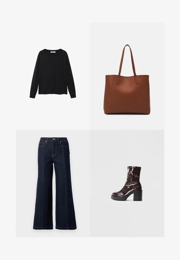 Crna pulover s dugim rukavima, okruglim izrezom i opuštenim krojem. Izrađena od glatkog, laganog materijala s jednostavnim dizajnom.; Široke traperice u tamnom denimu. Imaju visoki struk, dva prednja džepa i kontrastnu narančastu šavnu nit duž šavova.; Sjajna burgundska čizma do gležnja s debelim crnim potplatom, koja se odlikuje glatkom teksturom i jednostavnim dizajnom. Nema vidljivih kopčanja ili uzoraka.; Smeđa kožna torba preko ramena s glatkom teksturom, otvorenim vrhom i dvjema naramenicama. Ima minimalne šavove i nema vidljivog hardvera.